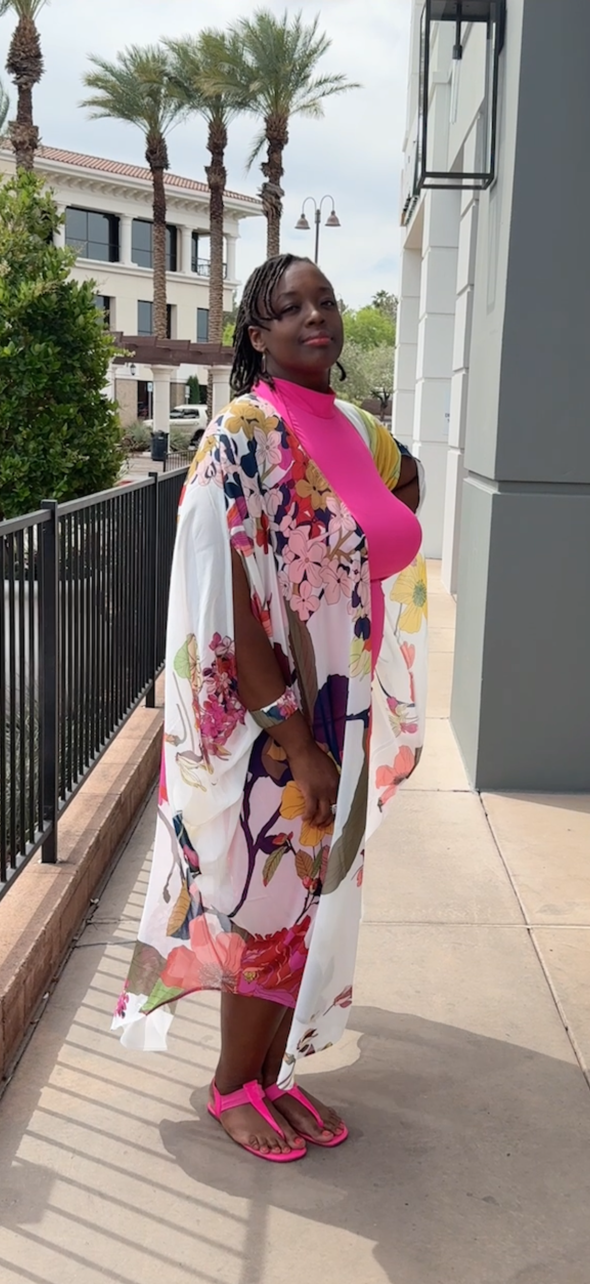 Floral Cardigan Wrap & Hot Pink Dress