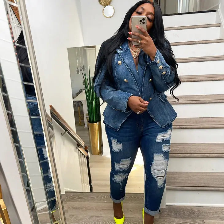 Lapel Denim Double Breasted Blazer