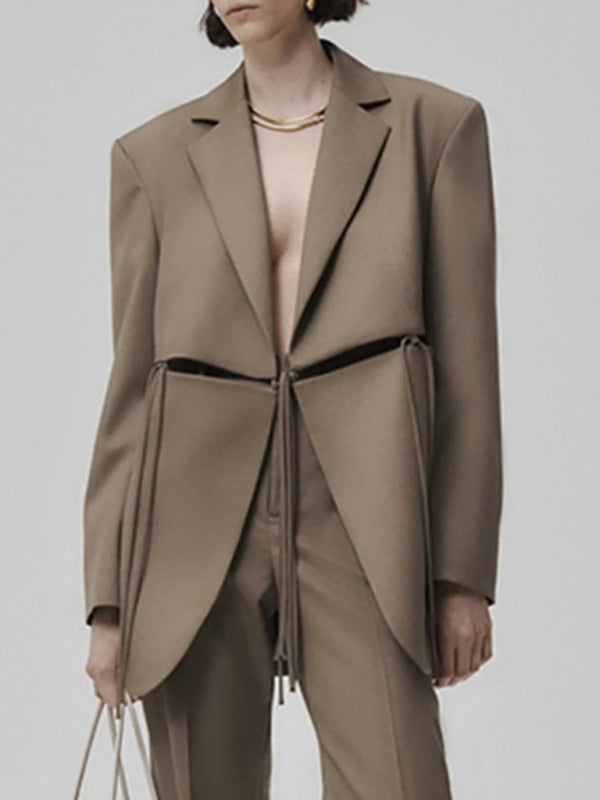Women's suit collar long sleeve hollow strapped blazer