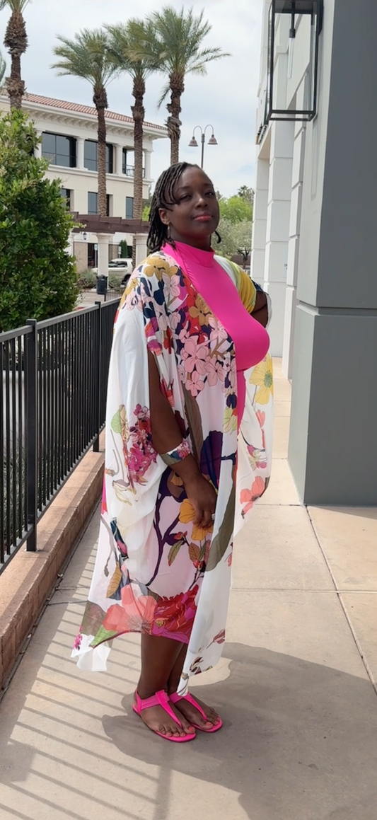 Floral Cardigan Wrap & Hot Pink Dress