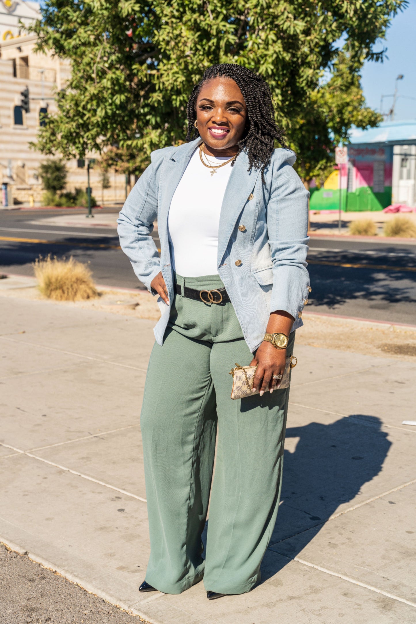 Lapel Denim Double Breasted Blazer