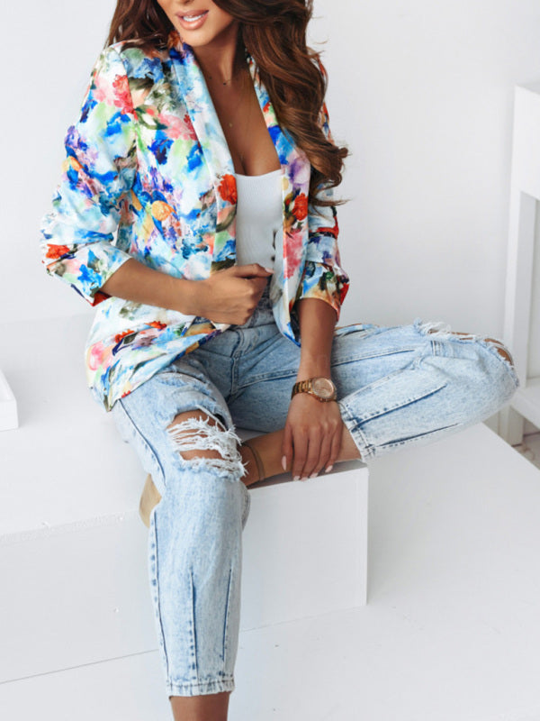Women's Floral Print Open Front Blazer