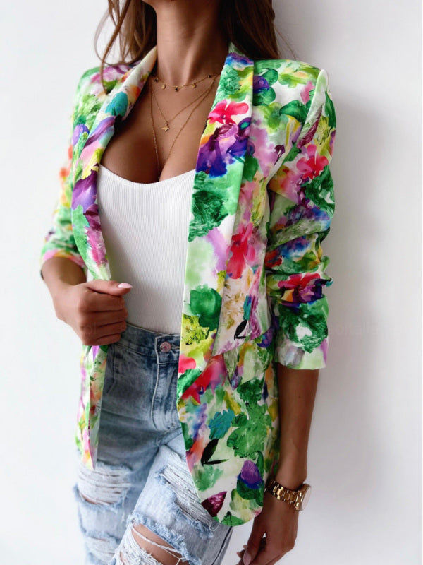 Women's Floral Print Open Front Blazer