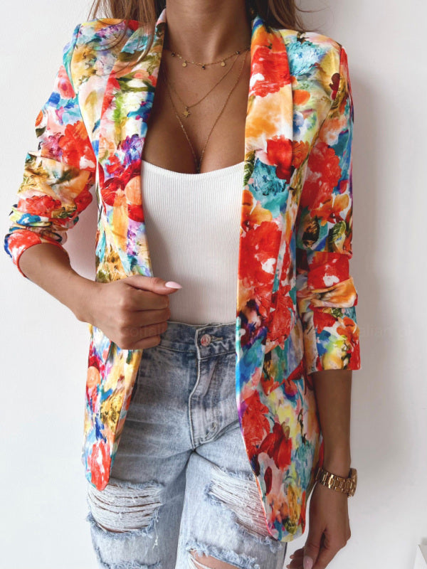 Women's Floral Print Open Front Blazer